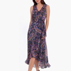London Time Paisley ruffle maxi wrap dress Size 6 blue and Pink fit & Flare